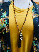 Black & Orange Sparkling Bead Necklace with Fringe and Leopard Hair on Hide Tassel