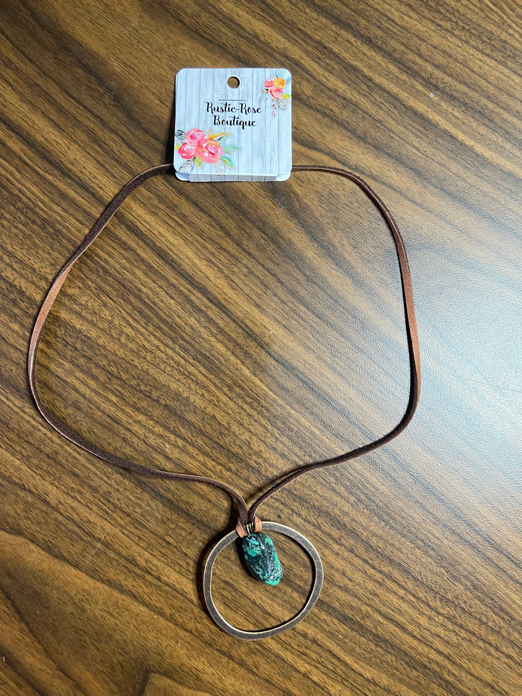 Leather Cord Necklace with Antique Gold Hoop and Turquoise