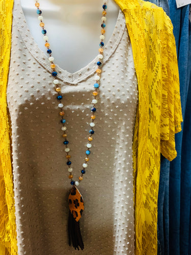 Blue & Orange Sparkling Bead Necklace with Fringe and Leopard Hair on Hide Tassel